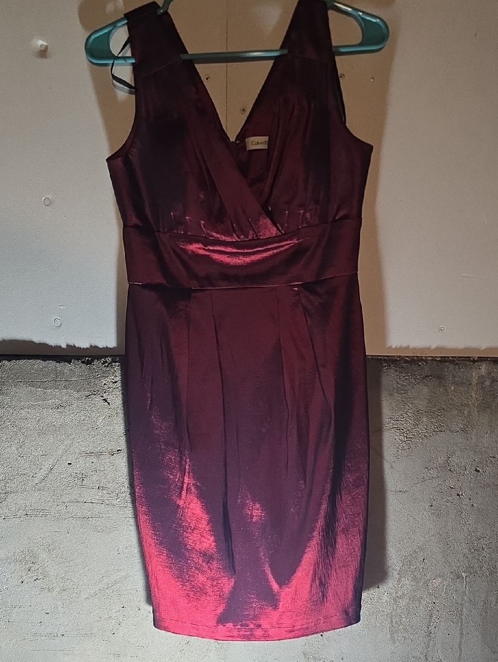 Calvin Klein Burgundy Satin Pleated V-Neck Midi Dress